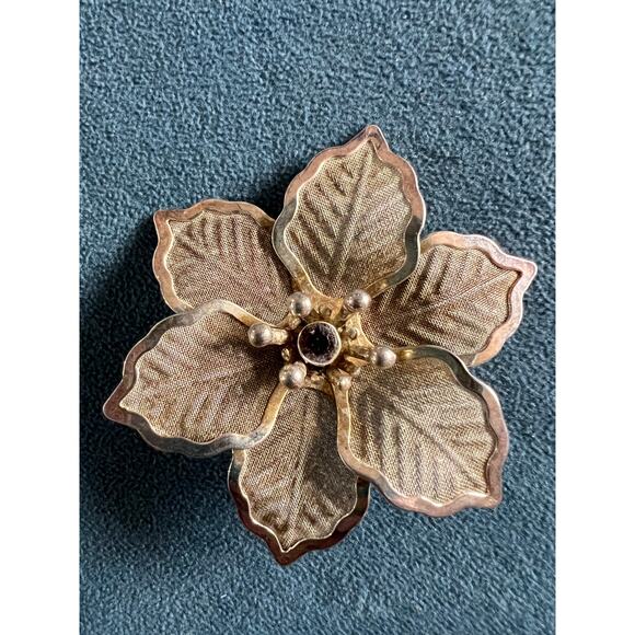 Vintage Gold Mesh Flower w/ Garnet Center – Jewelry Component or Brooch Part - Picture 1 of 6